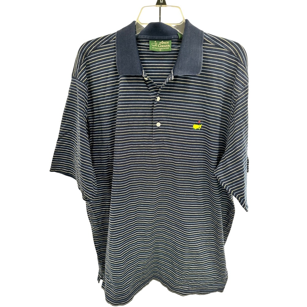 Amen‎ Corner Masters Golf Polo Shirt Mens XL Navy Blue Striped Pima Cotton Logo
